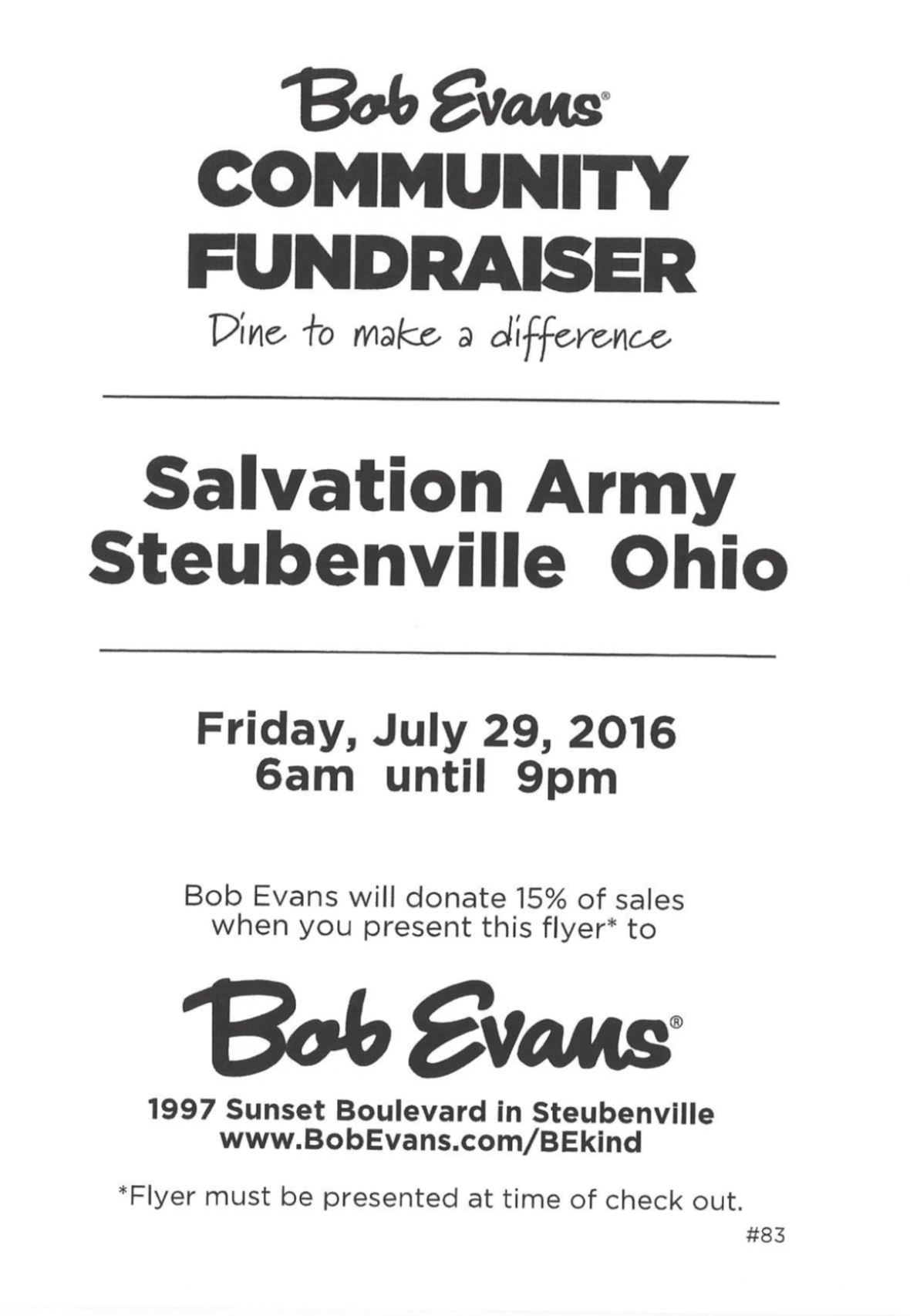 Bob Evans Community Fundraiser to benefit Steubenville Salvation Army